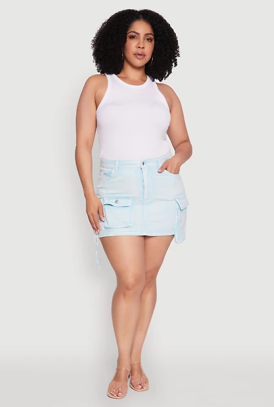 Womens Plus Daisy Acid Wash Denim Cargo Skirt,