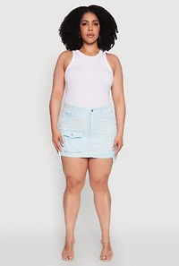 Womens Plus Daisy Acid Wash Denim Cargo Skirt,