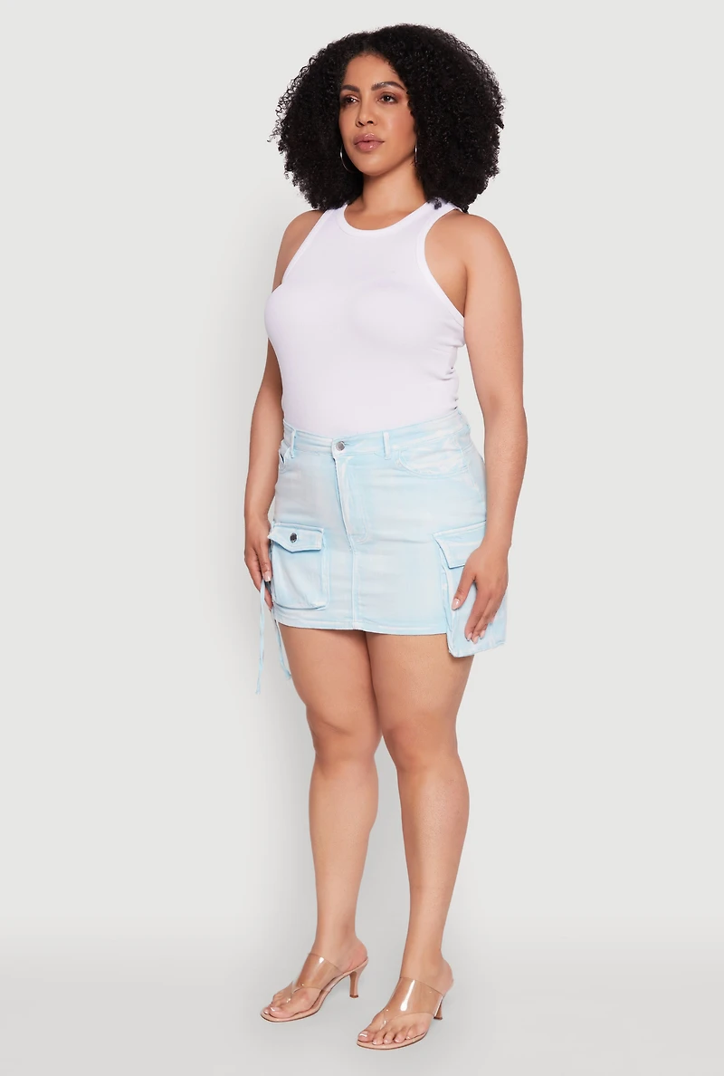 Womens Plus Size Daisy Acid Wash Denim Cargo Skirt, Blue, Size 3X