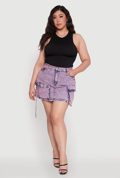 Womens Plus Daisy Acid Wash Denim Cargo Skirt, Purple,