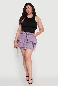 Womens Plus Daisy Acid Wash Denim Cargo Skirt, Purple,