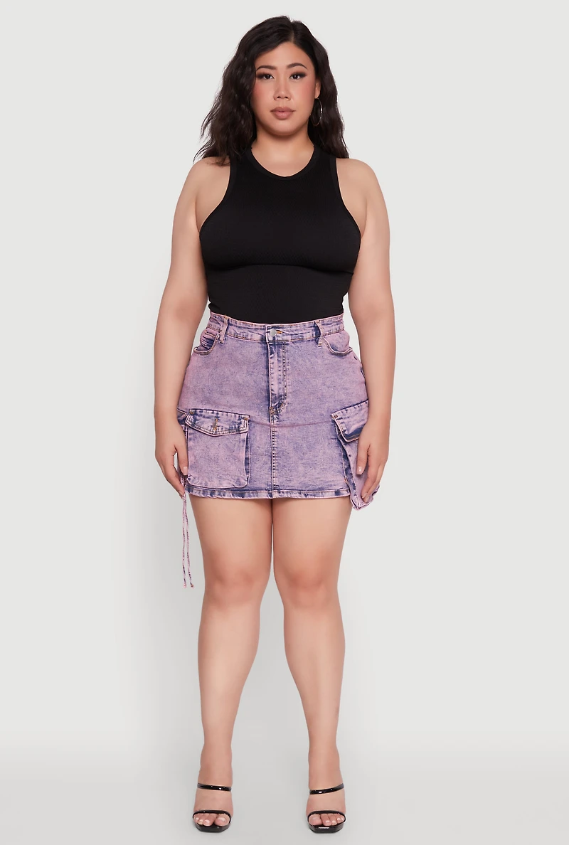 Womens Plus Daisy Acid Wash Denim Cargo Skirt, Purple,