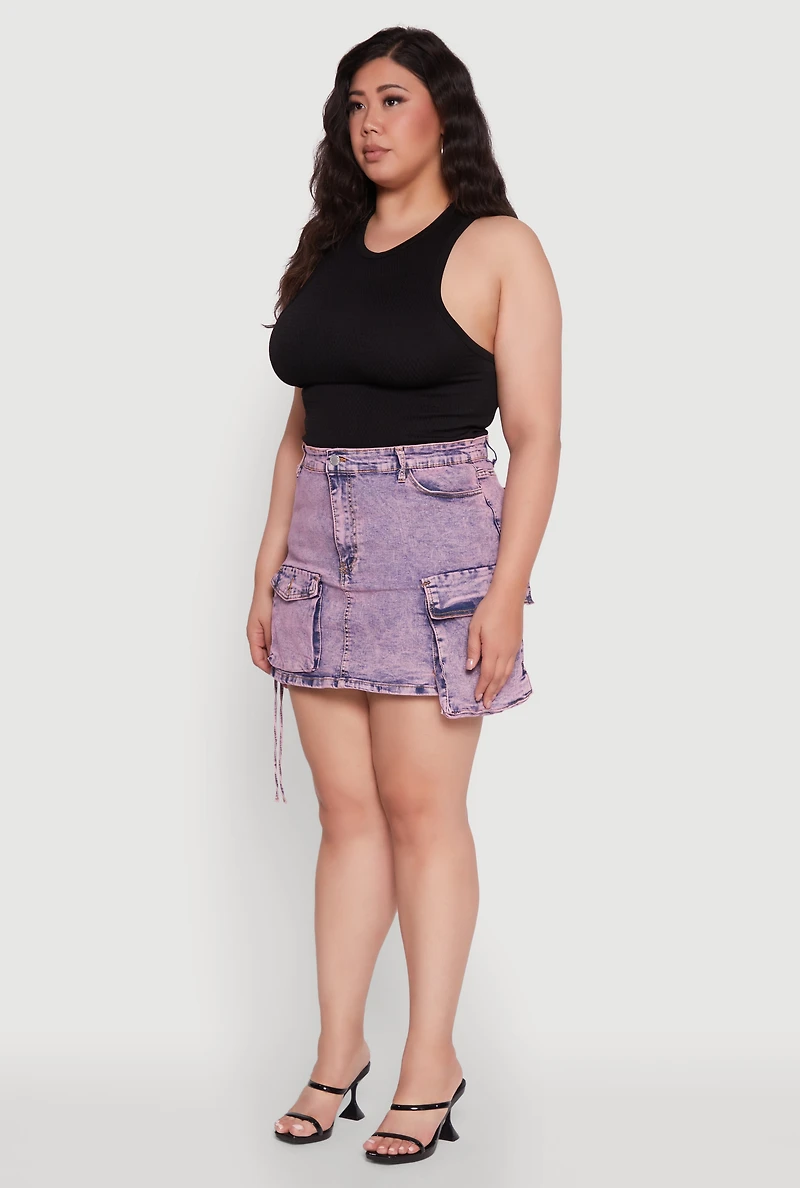 Womens Plus Daisy Acid Wash Denim Cargo Skirt, Purple,
