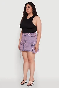 Womens Plus Daisy Acid Wash Denim Cargo Skirt, Purple,