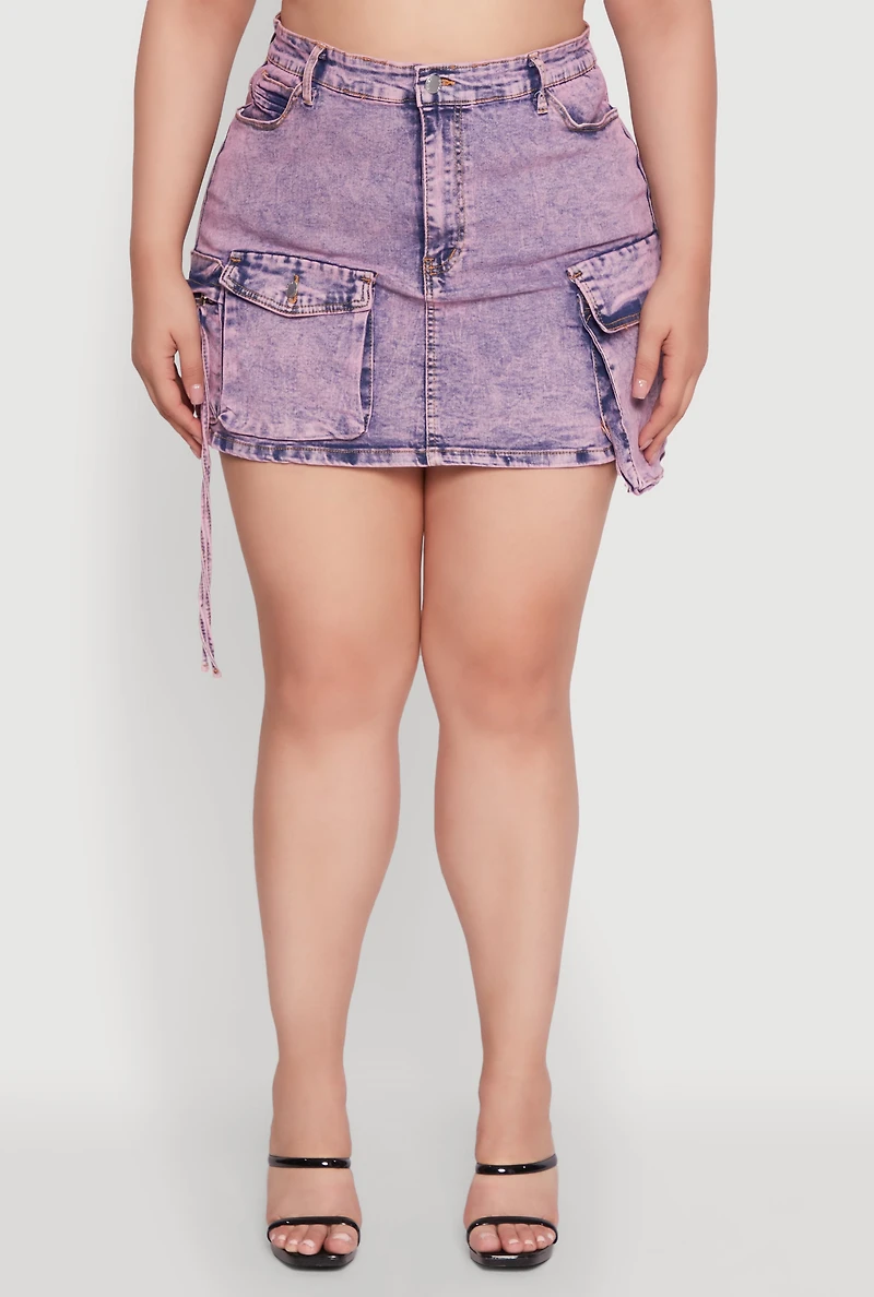 Womens Plus Daisy Acid Wash Denim Cargo Skirt, Purple,