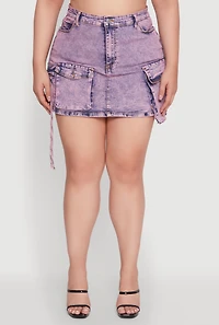 Womens Plus Daisy Acid Wash Denim Cargo Skirt, Purple,