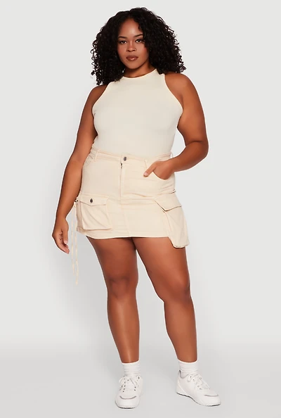 Womens Plus Size Daisy Acid Wash Denim Cargo Skirt, Khaki, Size 2X