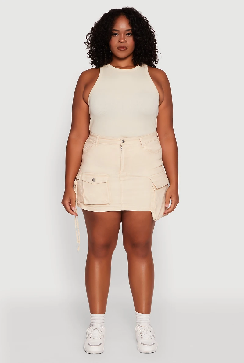 Womens Plus Size Daisy Acid Wash Denim Cargo Skirt, Khaki, Size 2X