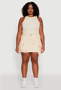 Womens Plus Size Daisy Acid Wash Denim Cargo Skirt, Khaki, Size 2X