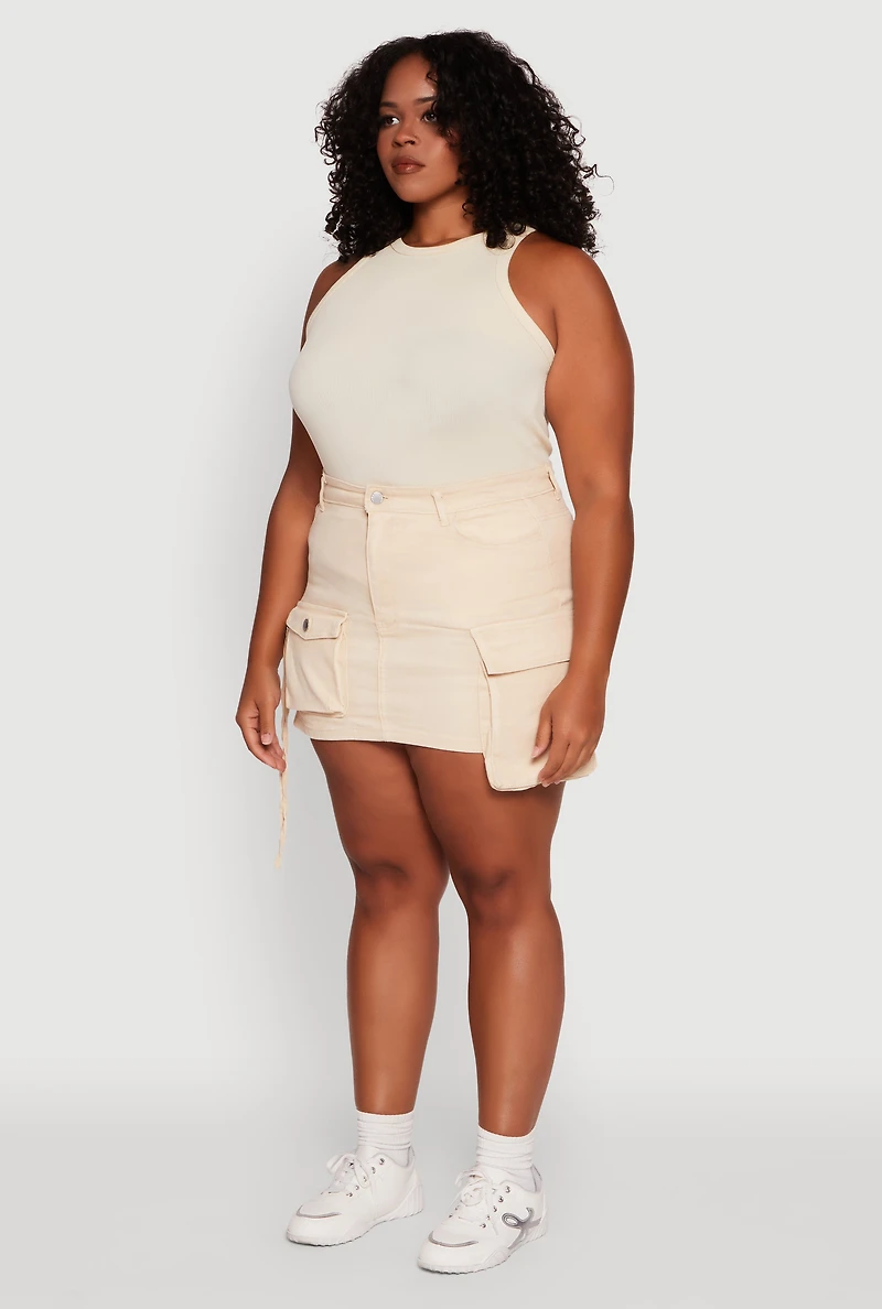 Womens Plus Size Daisy Acid Wash Denim Cargo Skirt, Khaki, Size 2X