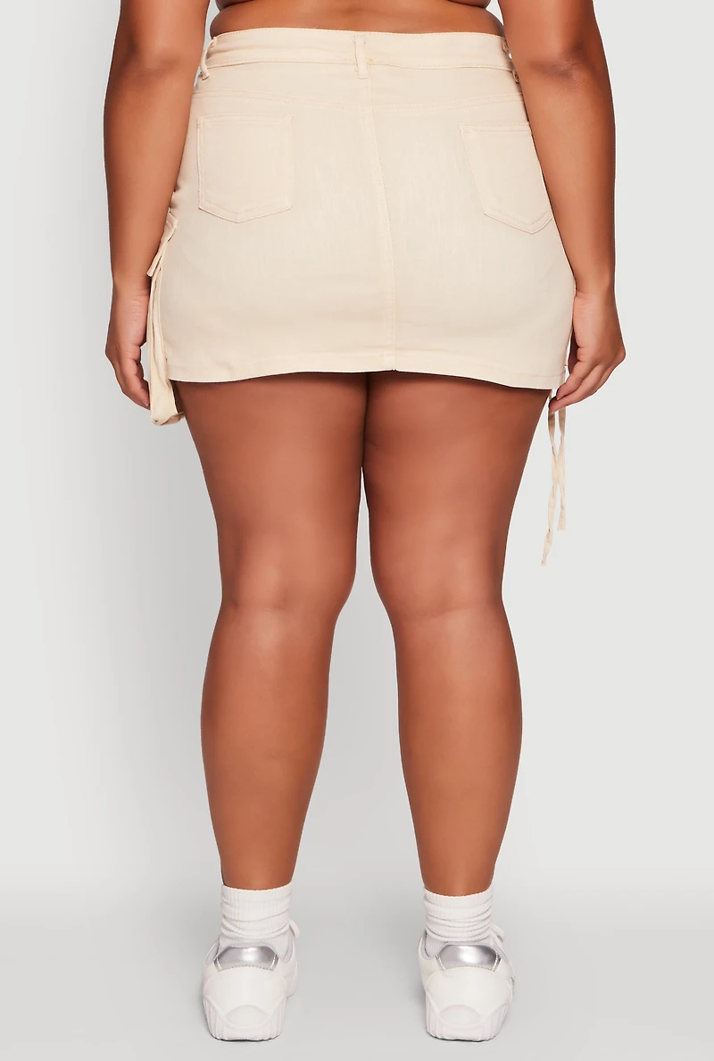 Womens Plus Size Daisy Acid Wash Denim Cargo Skirt, Khaki, Size 2X