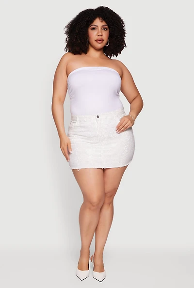 Plus Rhinestone Raw Hem Mini Denim Skirt