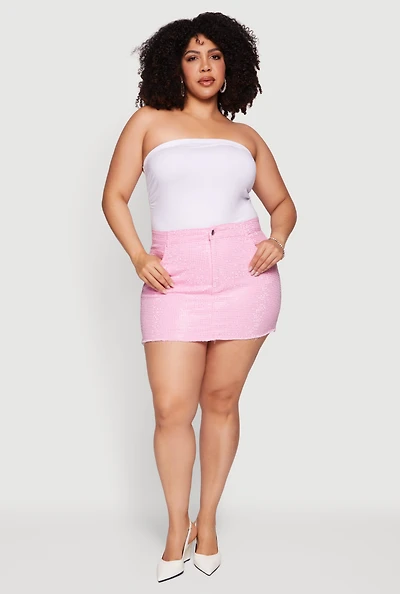 Plus Rhinestone Raw Hem Mini Denim Skirt