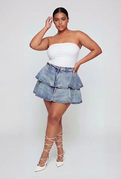 Plus Denim Ruffle Tiered Skirt with Shorts Lining
