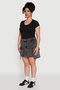 Womens Plus Size Daisy Mineral Wash Denim Cargo Skirt, Grey, Size 3X