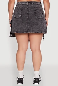 Womens Plus Size Daisy Mineral Wash Denim Cargo Skirt, Grey, Size 3X