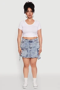 Womens Plus Daisy Mineral Wash Denim Cargo Skirt, Blue,