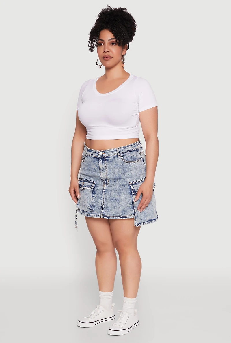 Womens Plus Daisy Mineral Wash Denim Cargo Skirt, Blue,