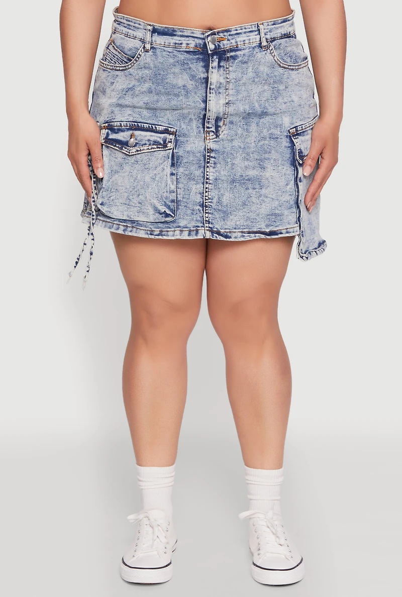 Womens Plus Daisy Mineral Wash Denim Cargo Skirt, Blue,