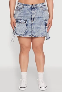 Womens Plus Daisy Mineral Wash Denim Cargo Skirt, Blue,