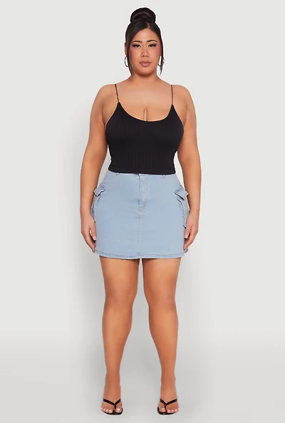 Womens Plus Size Daisy Denim Cargo Skirt, Blue, Size 2X