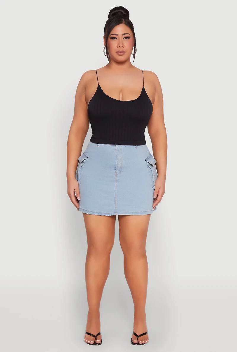 Womens Plus Daisy Denim Cargo Skirt, Blue,