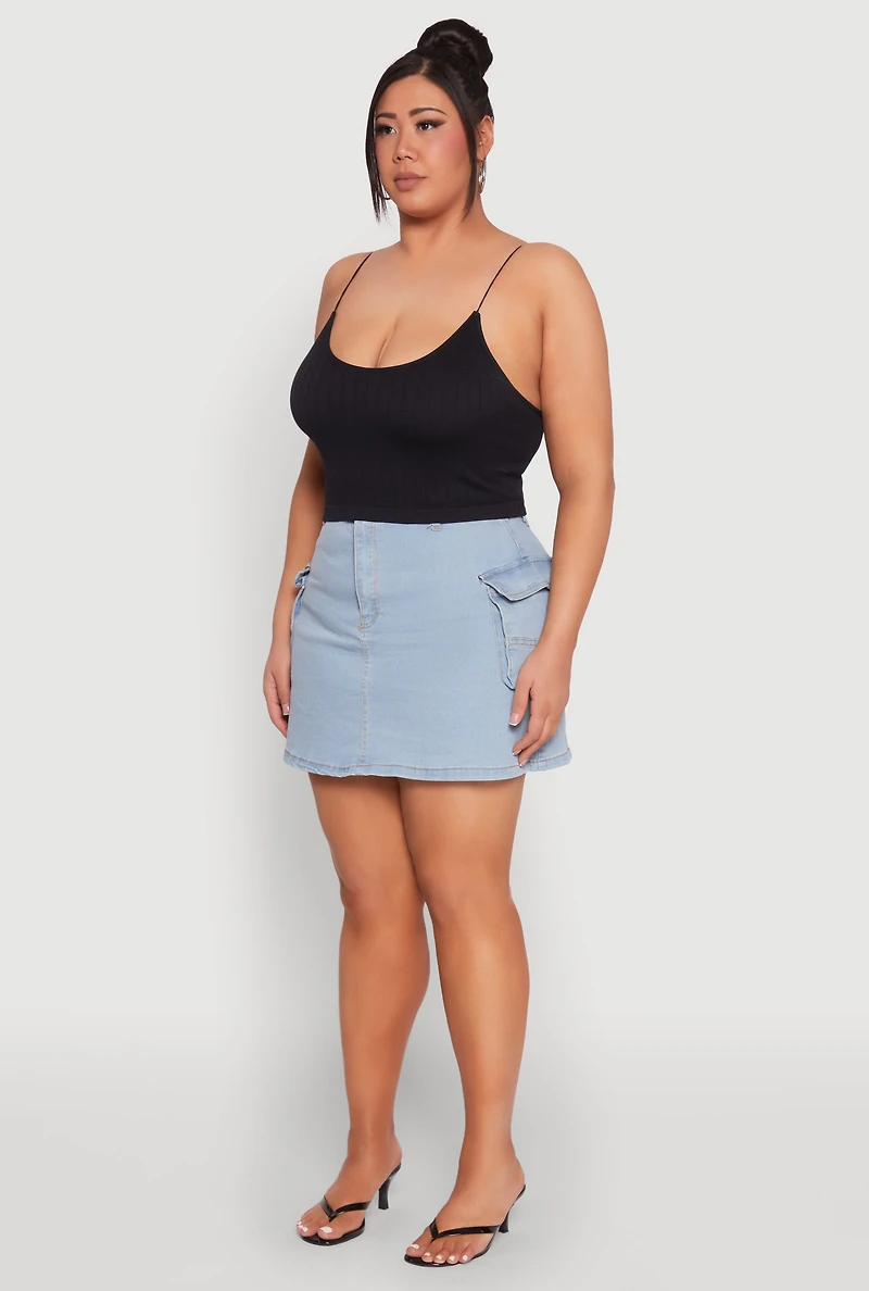 Womens Plus Size Daisy Denim Cargo Skirt, Blue, Size 3X