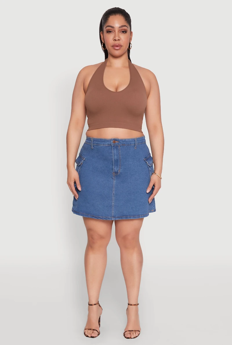 Womens Plus Size Daisy Denim Cargo Skirt, Blue, Size 3X