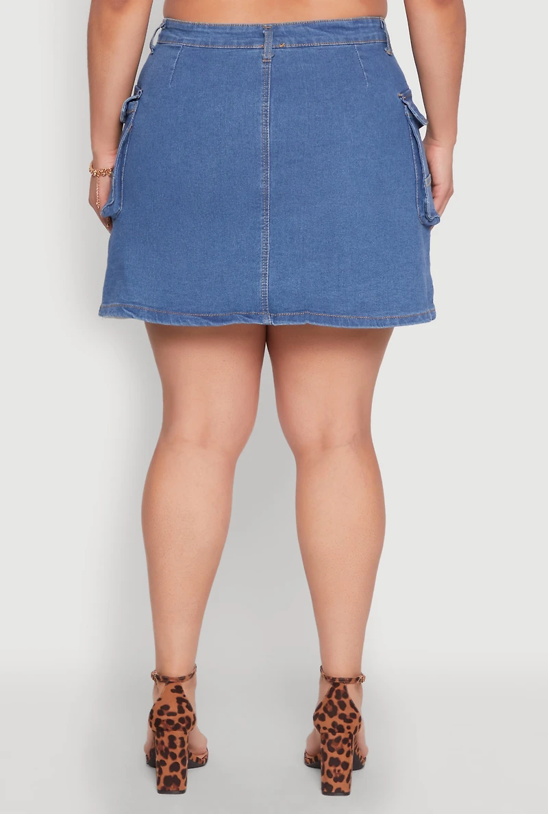 Womens Plus Size Daisy Denim Cargo Skirt, Blue, Size 3X