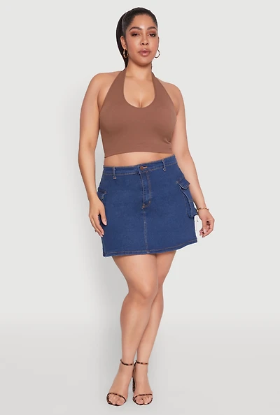 Womens Plus Size Daisy Denim Cargo Skirt, Blue, Size 3X