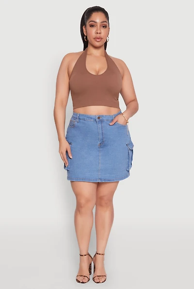 Womens Plus Size Daisy Denim Cargo Skirt, Blue, Size 3X