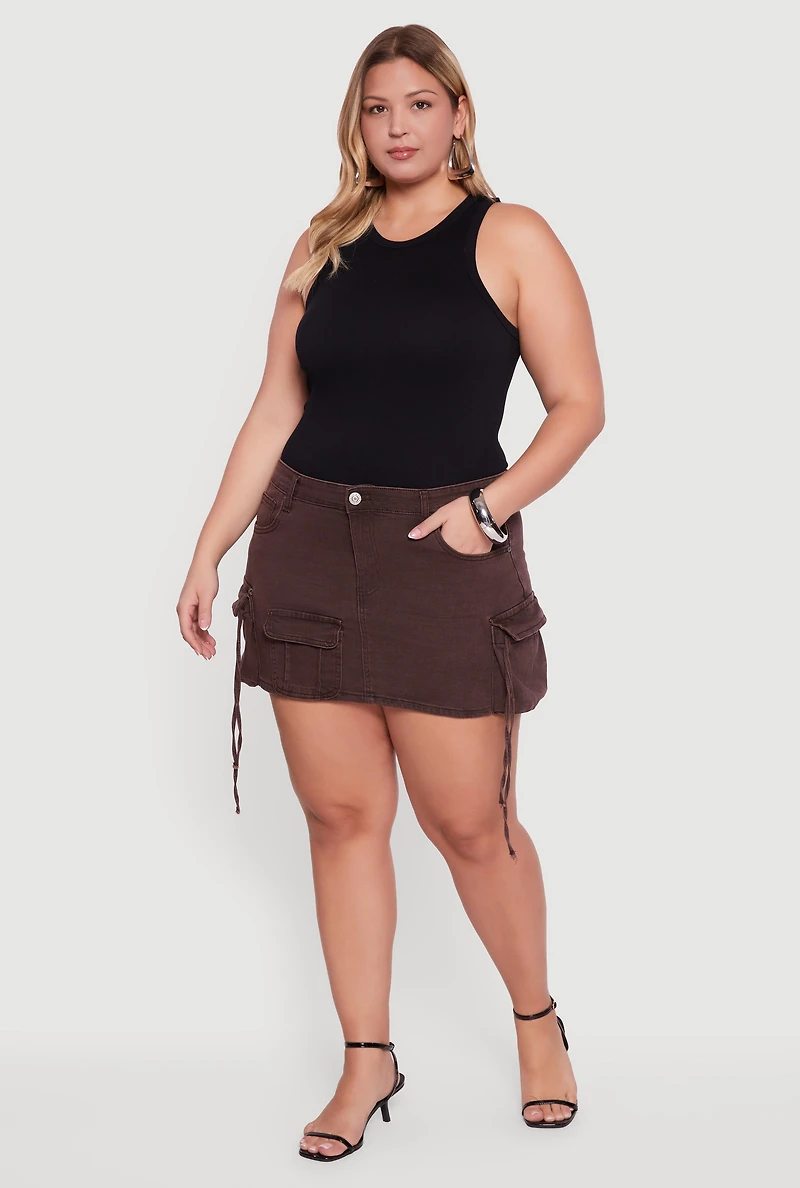 Womens Plus VIP Mineral Wash Utility Mini Skirt, Brown,