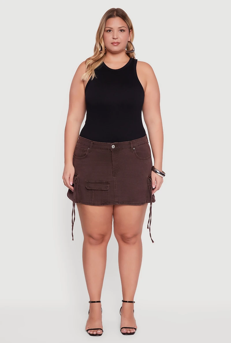 Womens Plus Size VIP Mineral Wash Utility Mini Skirt, Brown, Size 3X