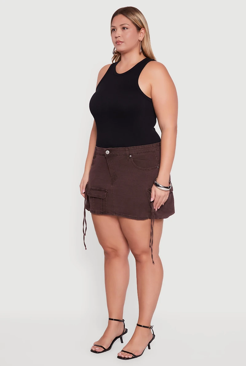 Womens Plus Size VIP Mineral Wash Utility Mini Skirt, Brown, Size 3X