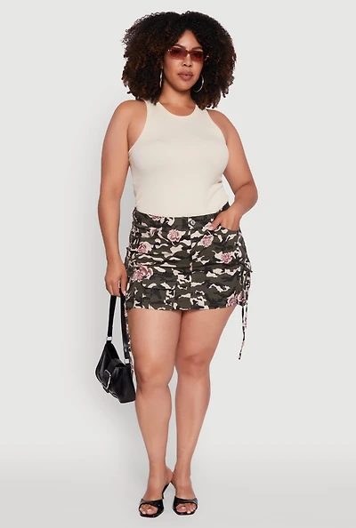 Womens Plus Size Floral Camouflage Cargo Pocket Mini Skirt, Multi, Size 1X