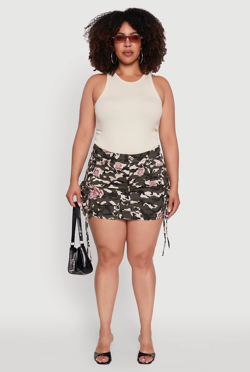 Womens Plus Size Floral Camouflage Cargo Pocket Mini Skirt, Multi, Size 1X