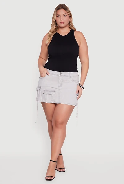 Womens Plus Size VIP Mineral Wash Denim Utility Skirt, Grey, Size 2X