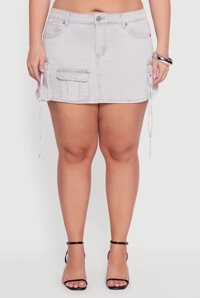 Womens Plus Size VIP Mineral Wash Denim Utility Skirt, Grey, Size 2X
