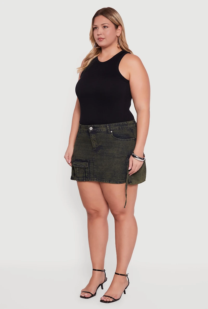 Womens Plus Size VIP Acid Wash Utility Skirt, Green, Size 1X