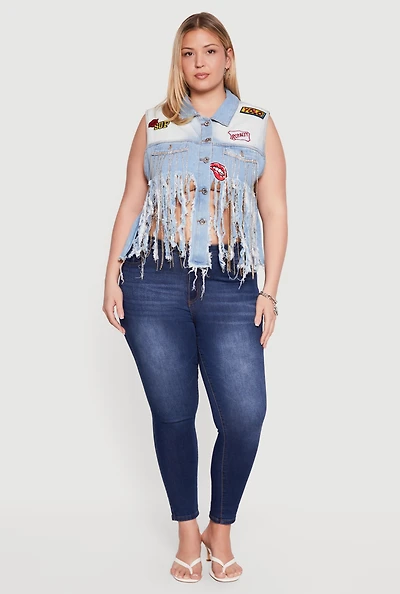 Plus Rhinestone Fringe Hem Patch Graphic Denim Vest