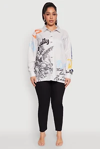 Womens Plus Size Graffiti Denim Graphic Shirt, Grey, Size 1X