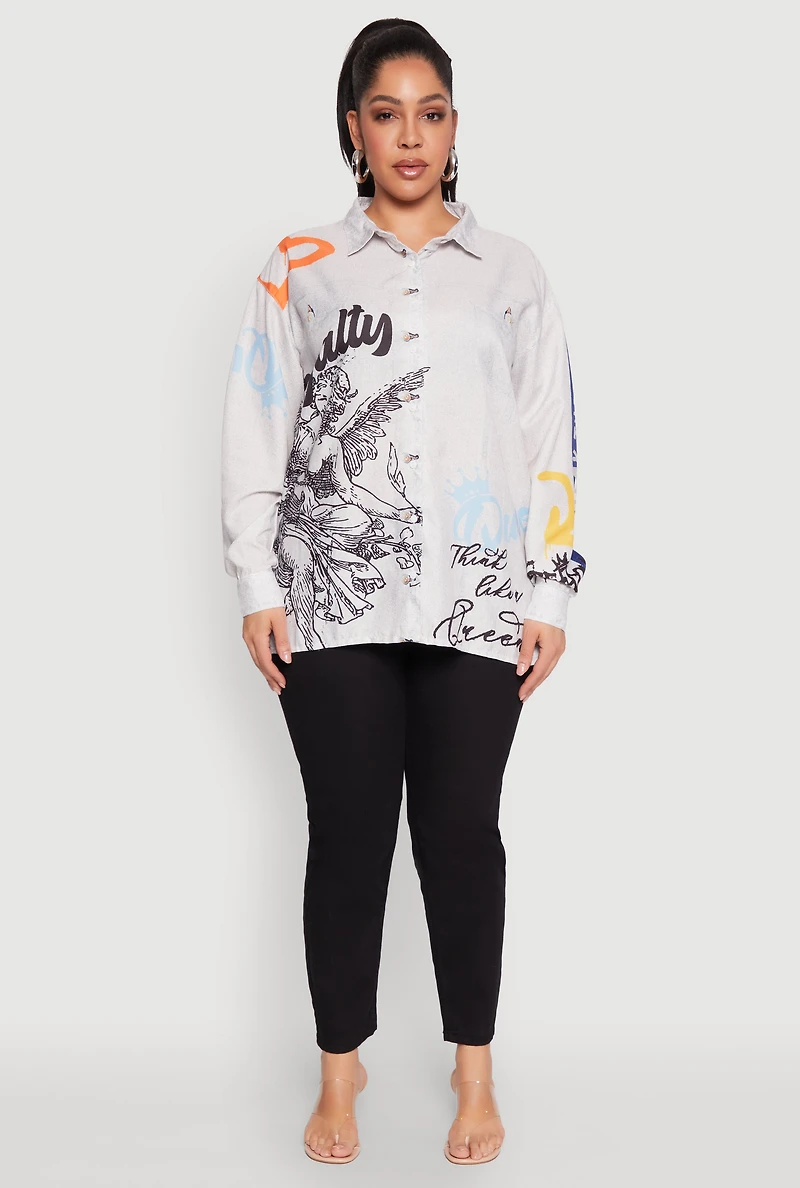 Womens Plus Size Graffiti Denim Graphic Shirt, Grey, Size 1X