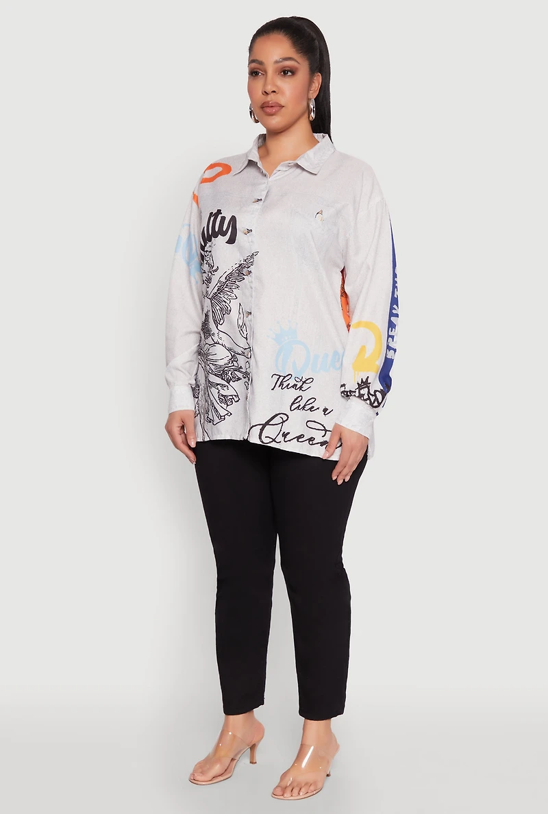 Womens Plus Size Graffiti Denim Graphic Shirt, Grey, Size 1X