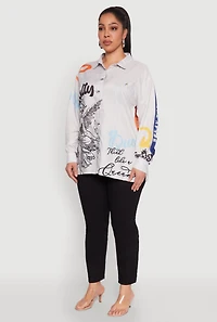 Womens Plus Size Graffiti Denim Graphic Shirt, Grey, Size 1X