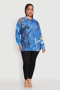 Womens Plus Size Graffiti Denim Graphic Shirt, Blue, Size 1X