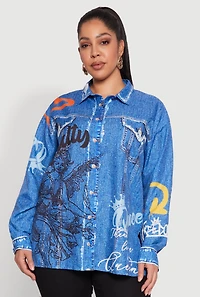 Womens Plus Size Graffiti Denim Graphic Shirt, Blue, Size 1X