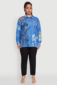 Womens Plus Size Graffiti Denim Graphic Shirt, Blue, Size 1X
