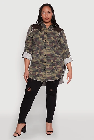 Womens Plus Size Fishnet Detail Camouflage Shirt, Green, Size 2X