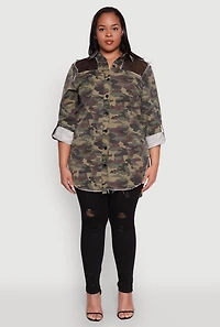 Womens Plus Size Fishnet Detail Camouflage Shirt, Green, Size 2X