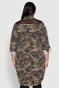 Womens Plus Size Fishnet Detail Camouflage Shirt, Green, Size 2X